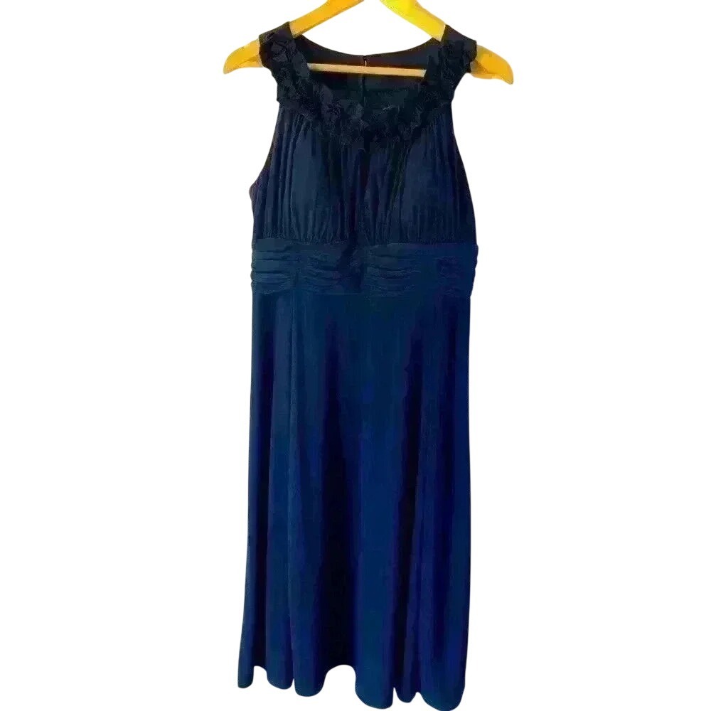 SIGNATURE BY SANGRIA LADY NAVY‎ BLUE RUNCHED FABRIC JERSEY KNIT STRETCH DRESS 14